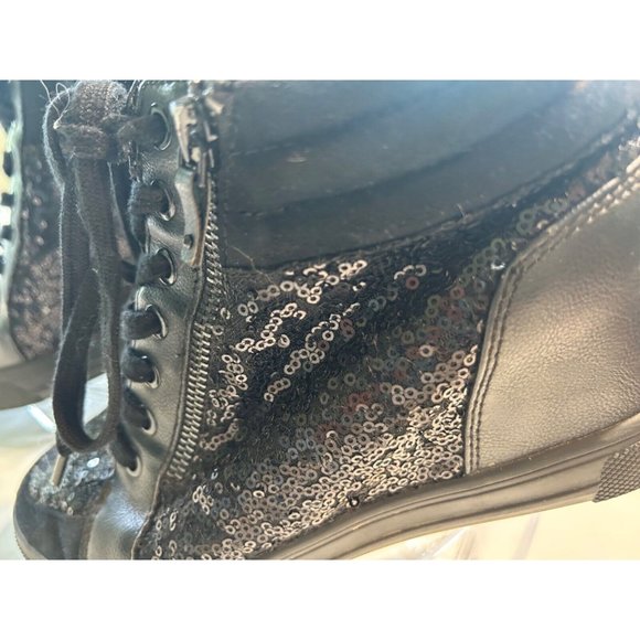 Women's Aldo Kaia Wedge Boot Size 8.5 Black Sequins Zip Side And Tie - Picture 3 of 10